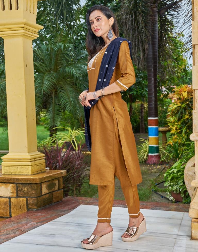 Mustard Embroidery Silk Straight Kurta With Pant And Dupatta