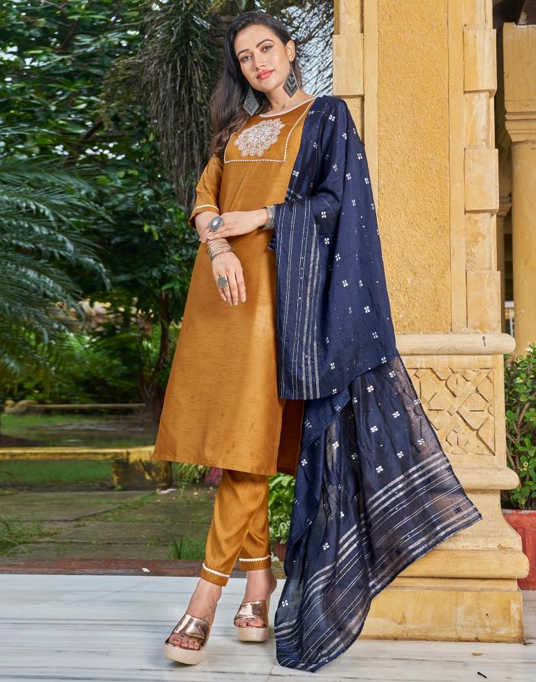 Mustard Embroidery Silk Straight Kurta With Pant And Dupatta