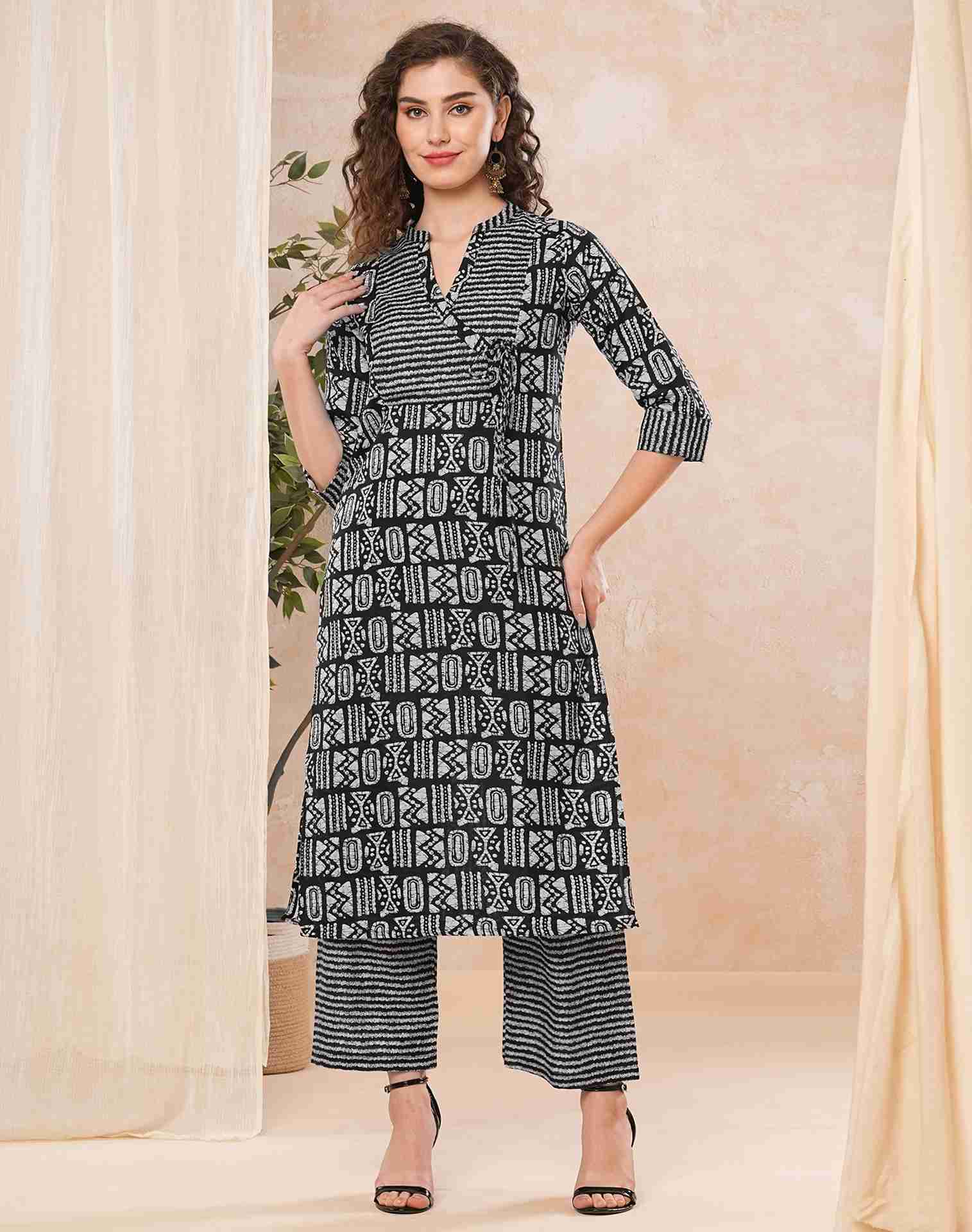 Black Printed Cotton Straight Kurta With Pant And Dupatta