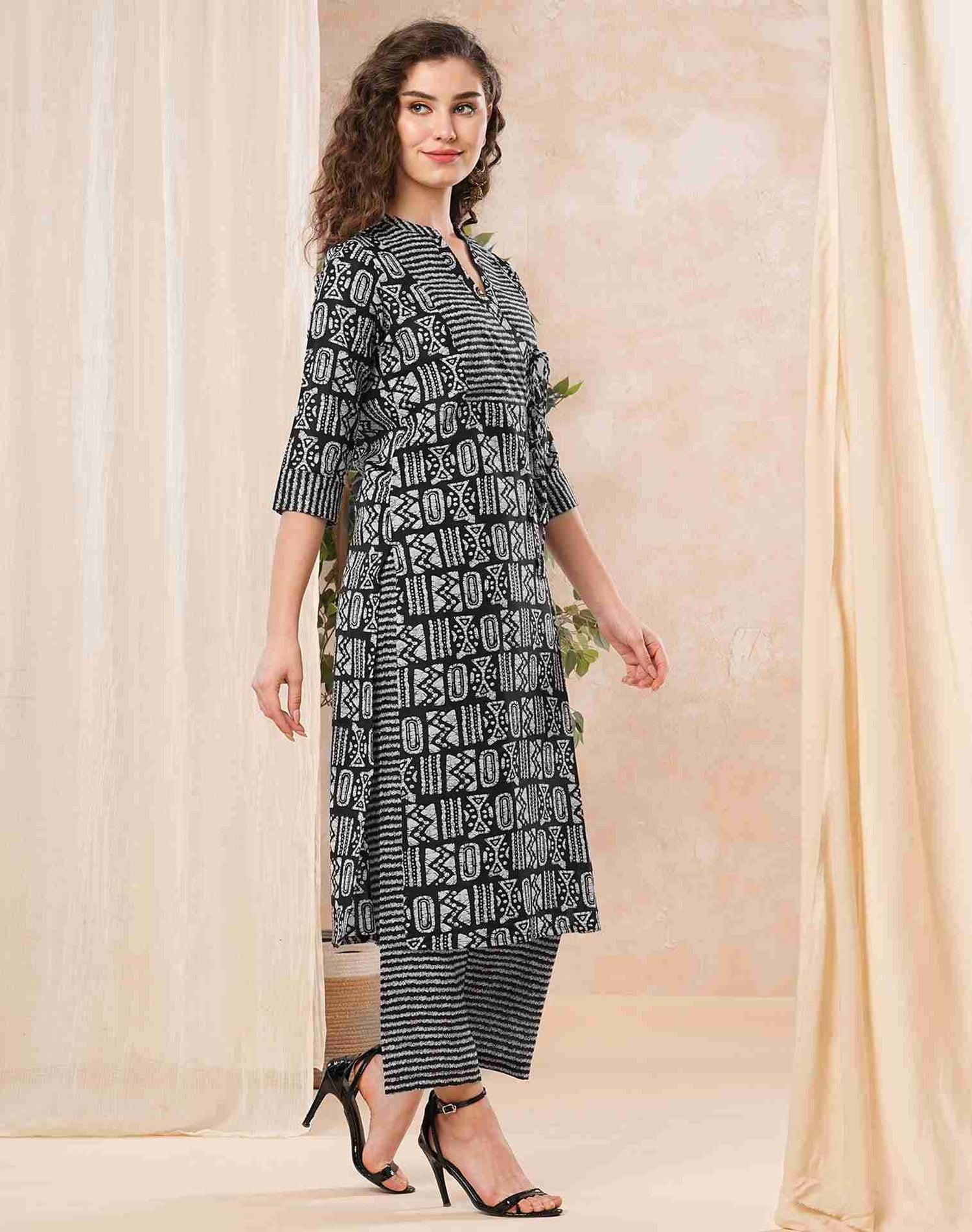 Black Printed Cotton Straight Kurta With Pant And Dupatta