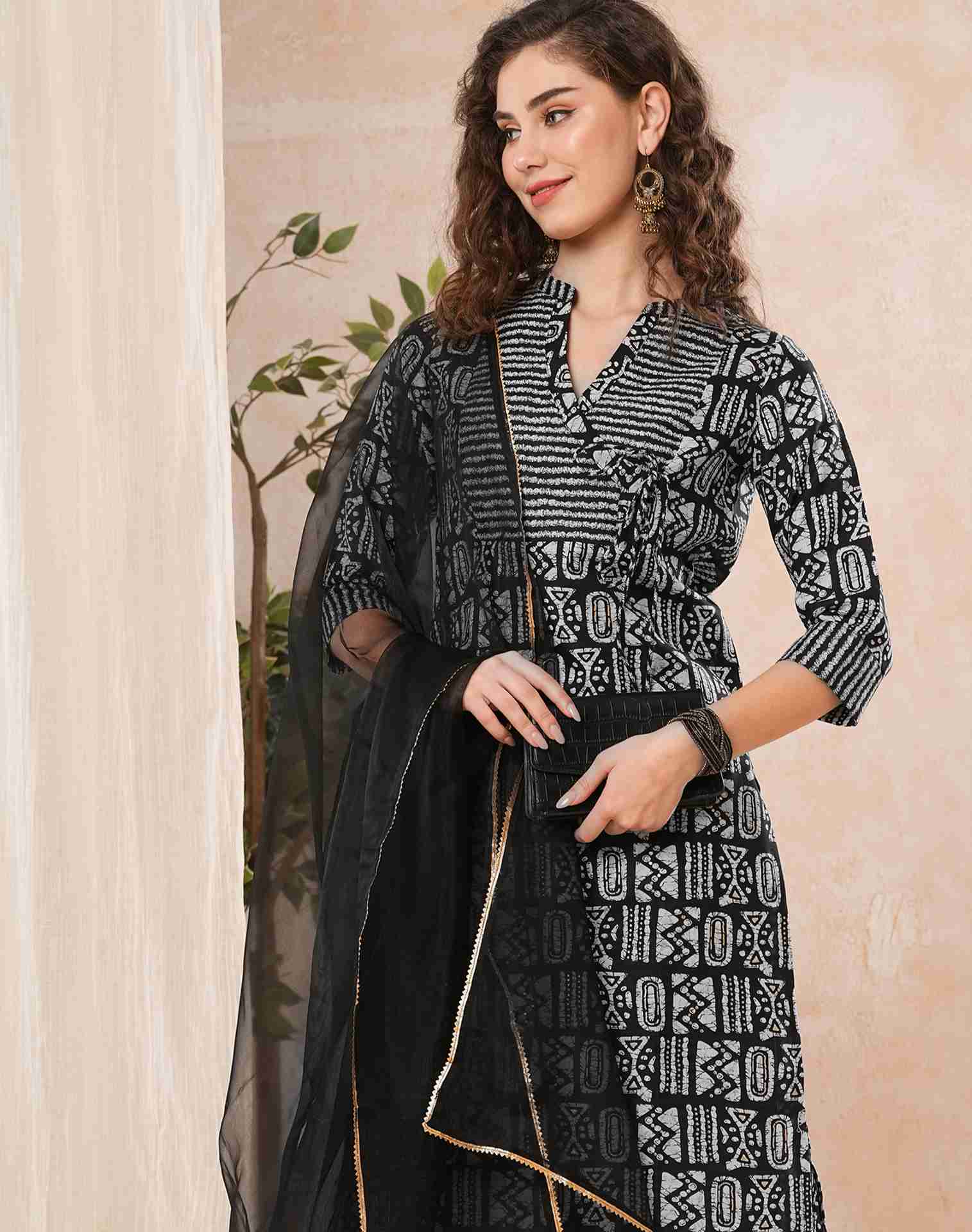 Black Printed Cotton Straight Kurta With Pant And Dupatta