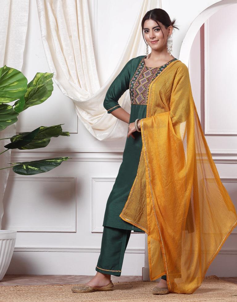 Green Embroidery Silk Straight kurta With Pant And Dupatta