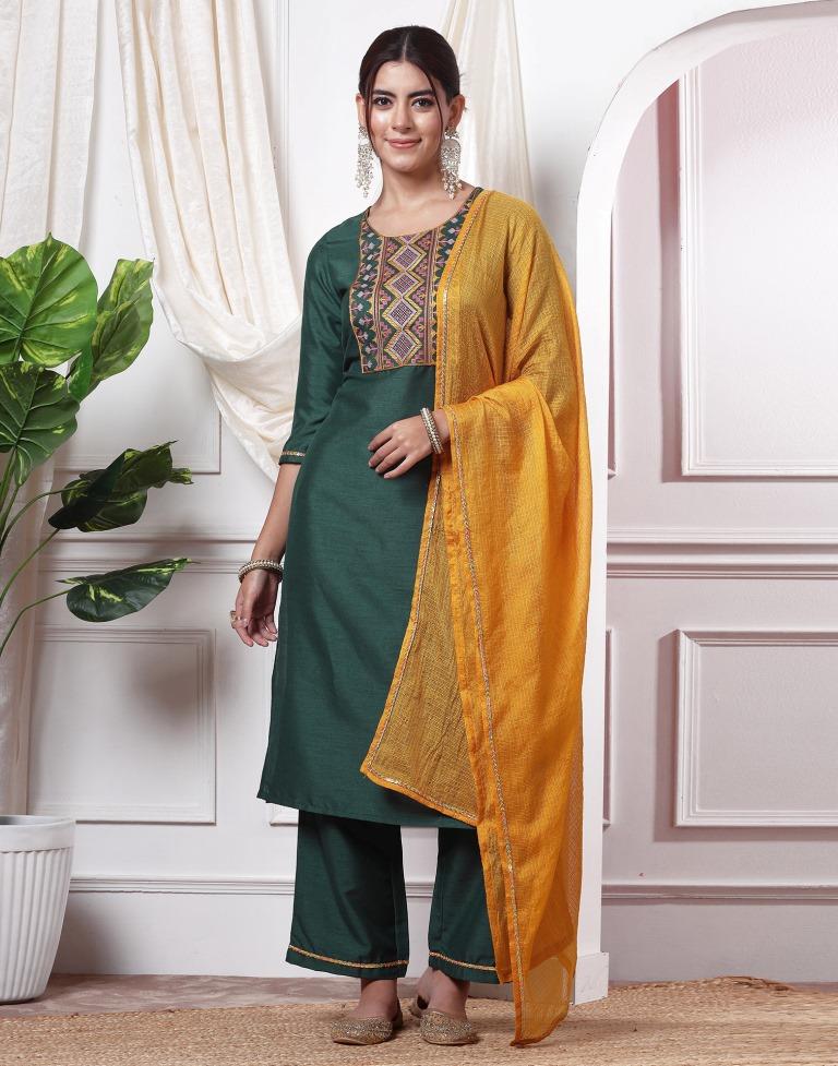 Green Embroidery Silk Straight kurta With Pant And Dupatta