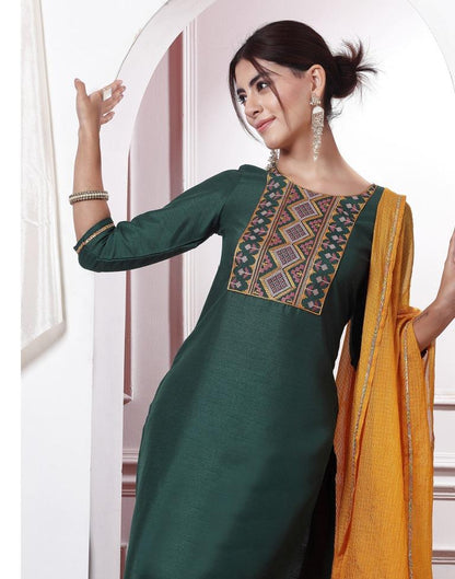 Green Embroidery Silk Straight kurta With Pant And Dupatta