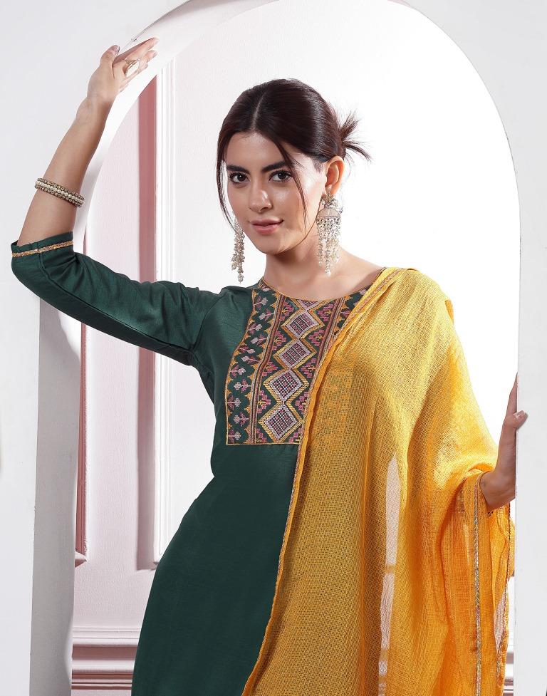 Green Embroidery Silk Straight kurta With Pant And Dupatta