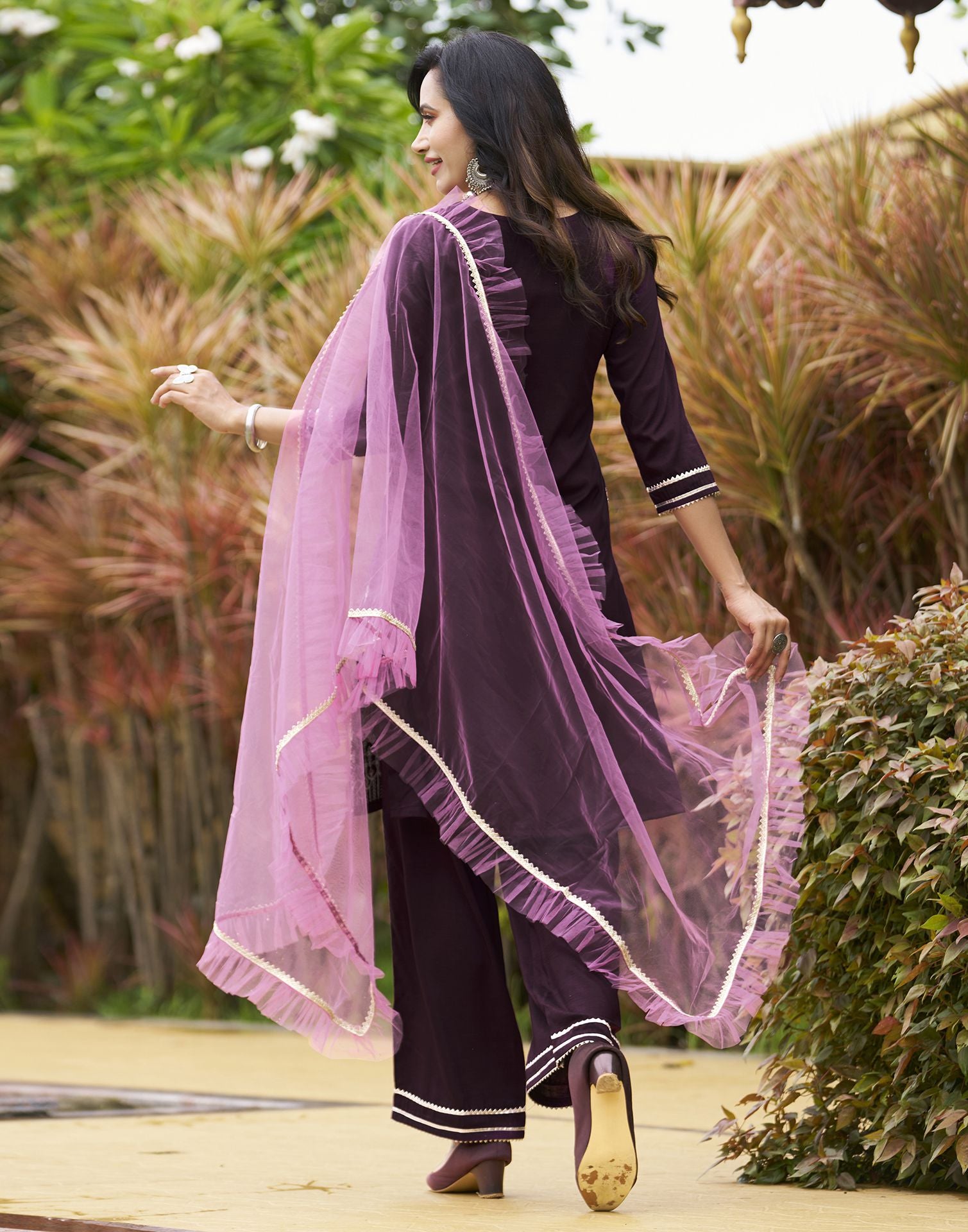 Wine Plain Chinnon Straight Kurta With Pant And Dupatta