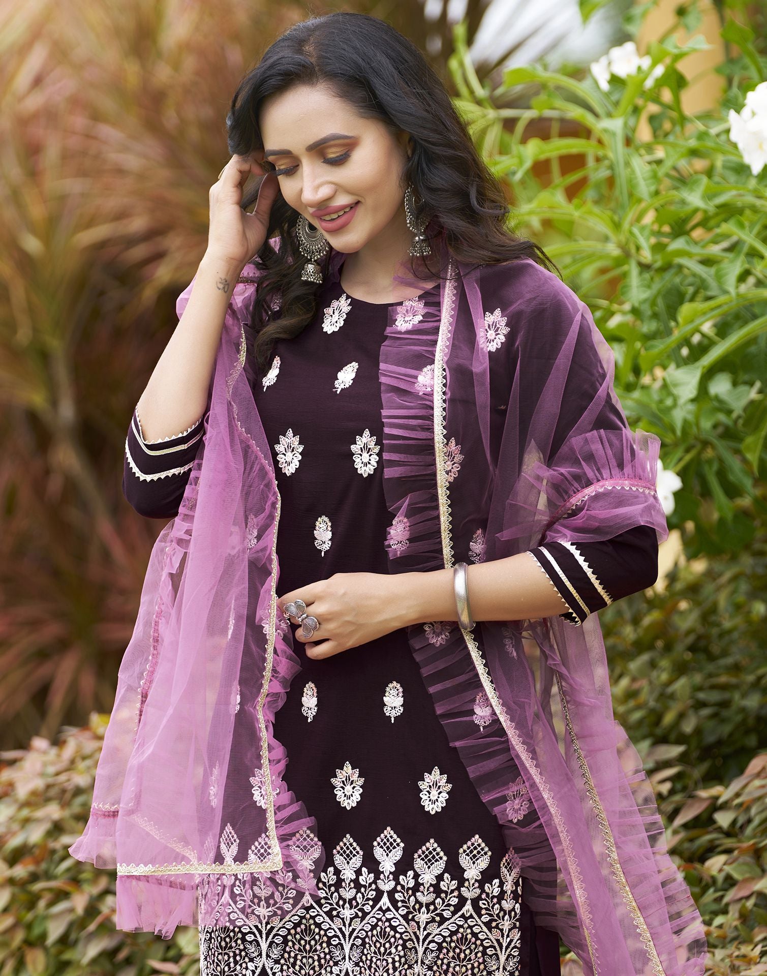 Wine Plain Chinnon Straight Kurta With Pant And Dupatta