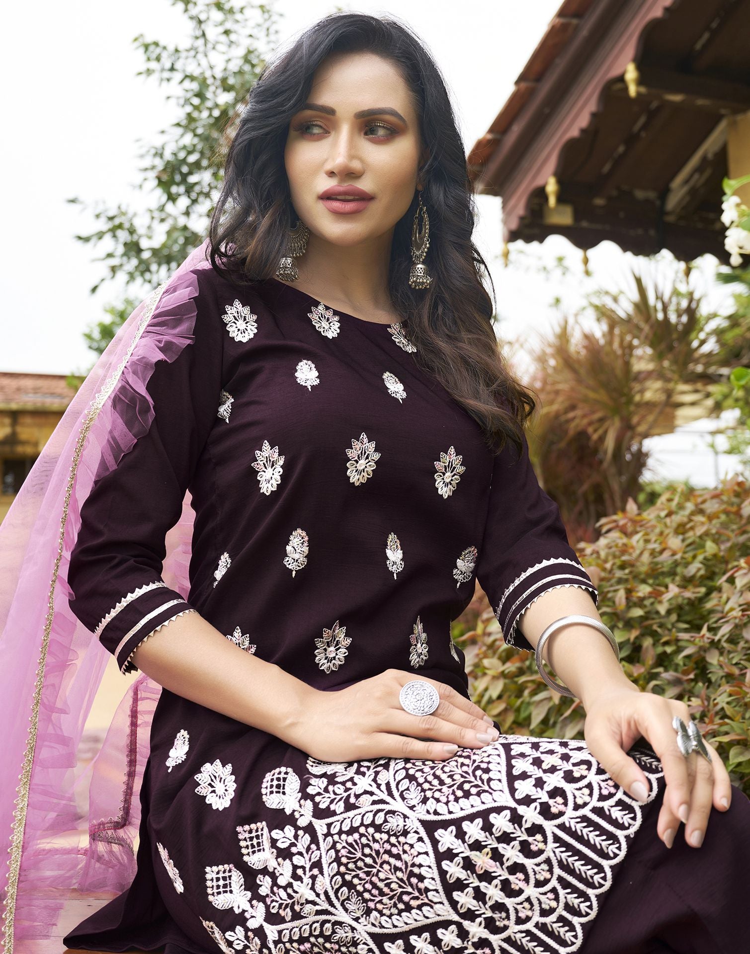 Wine Plain Chinnon Straight Kurta With Pant And Dupatta