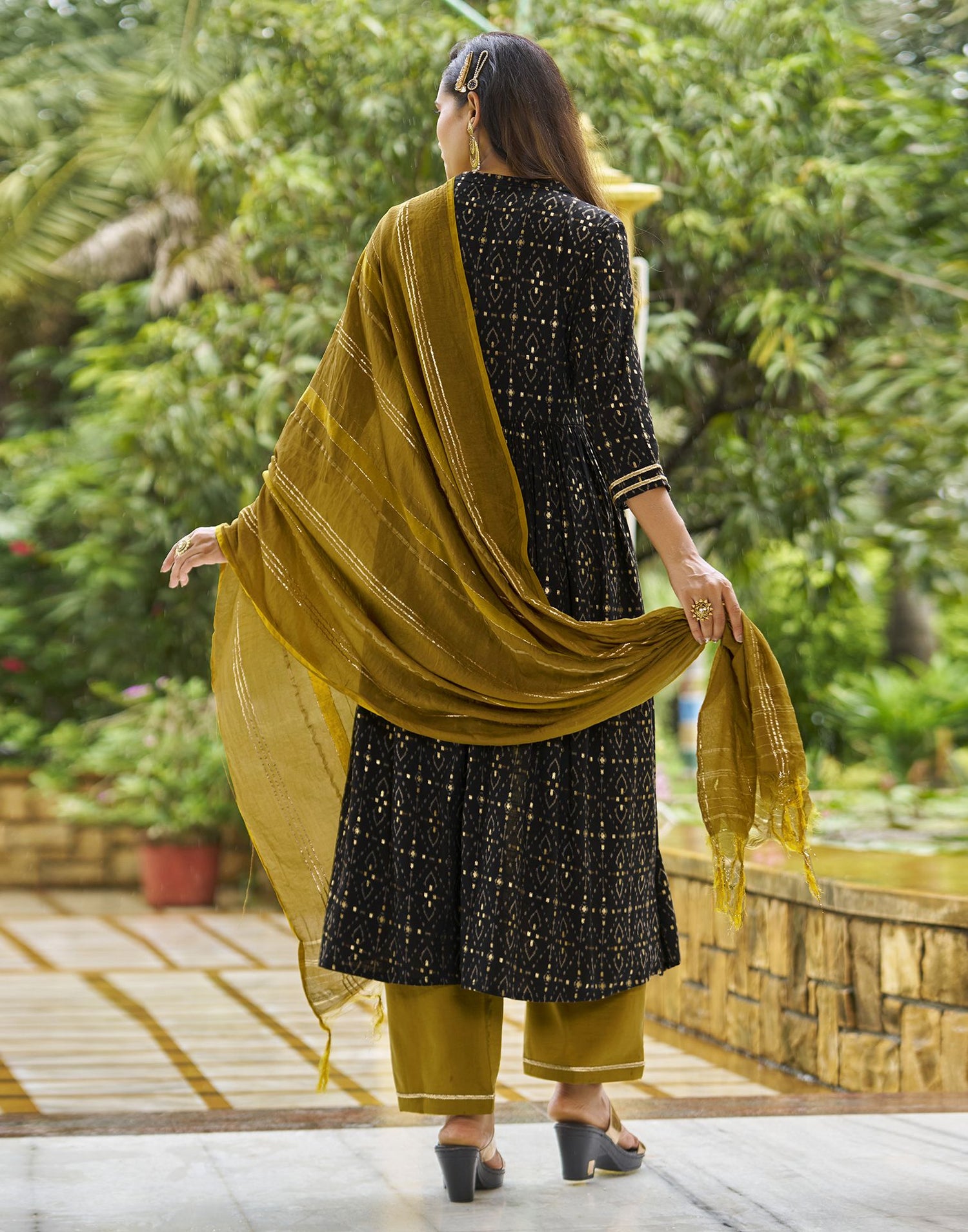 Black Printed Cotton A-Line Kurta With Pant And Dupatta