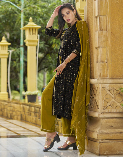 Black Printed Cotton A-Line Kurta With Pant And Dupatta