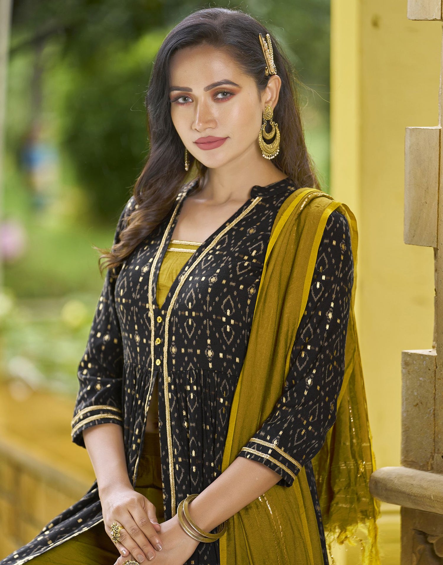 Black Printed Cotton A-Line Kurta With Pant And Dupatta