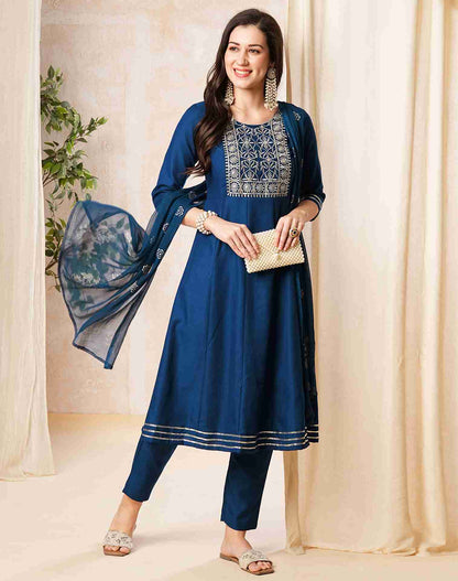 Dark Blue Plain Rayon A-Line Kurta With Pant And Dupatta