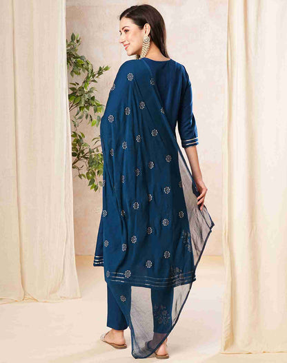 Dark Blue Plain Rayon A-Line Kurta With Pant And Dupatta