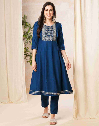 Dark Blue Plain Rayon A-Line Kurta With Pant And Dupatta