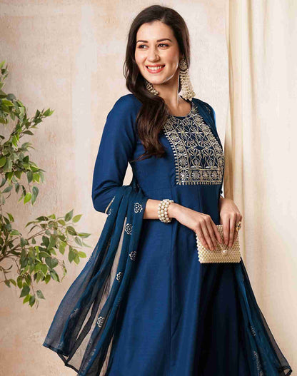 Dark Blue Plain Rayon A-Line Kurta With Pant And Dupatta