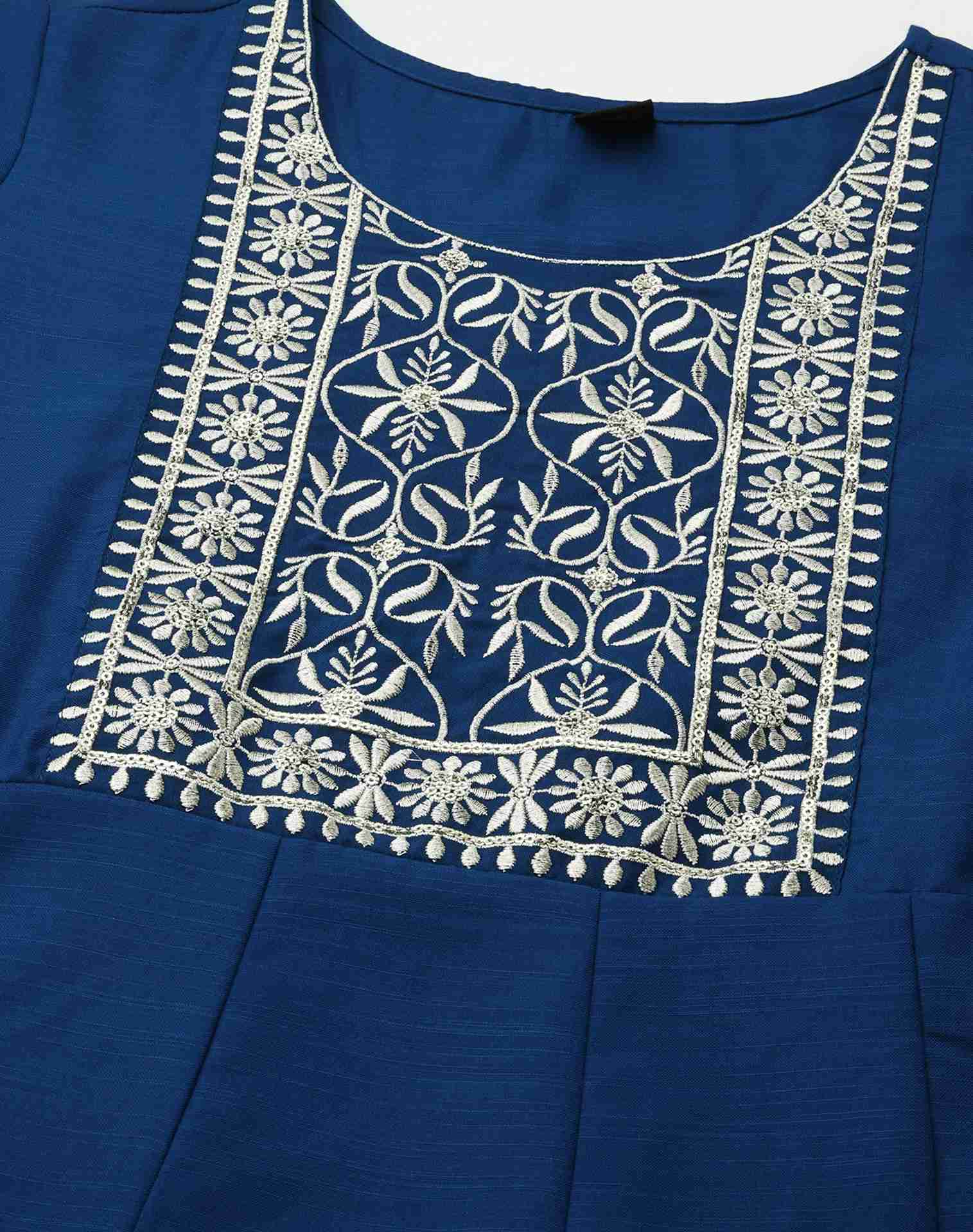 Dark Blue Plain Rayon A-Line Kurta With Pant And Dupatta