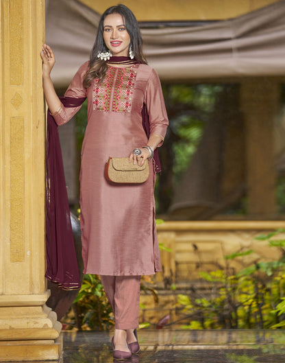 Dusty Pink Embroidery Silk Straight Kurta With Pant And Dupatta