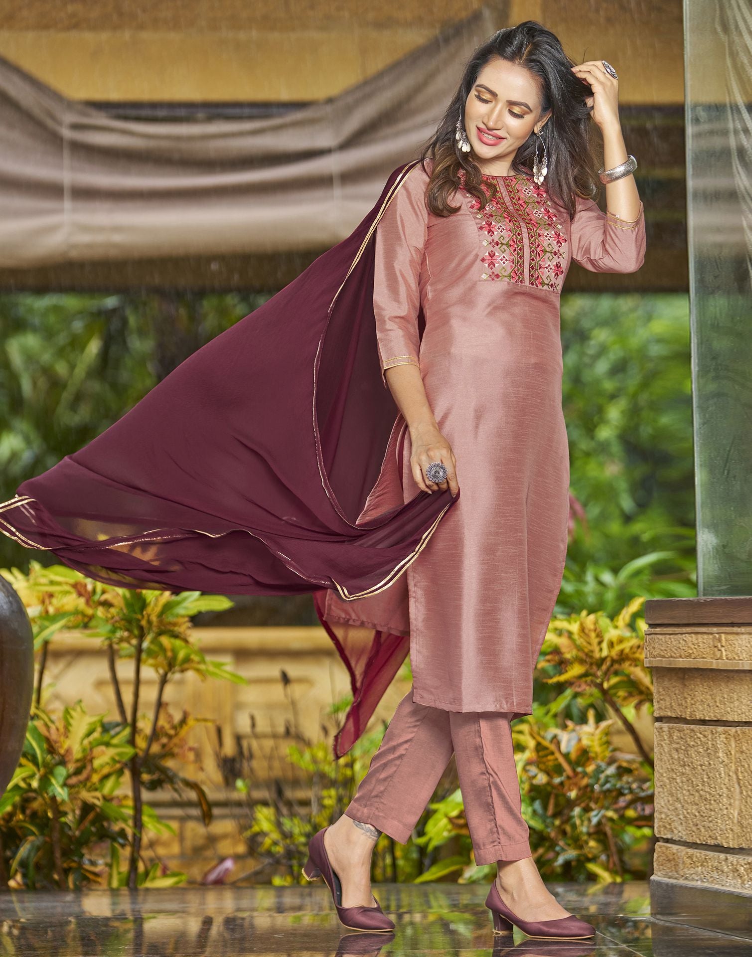 Dusty Pink Embroidery Silk Straight Kurta With Pant And Dupatta