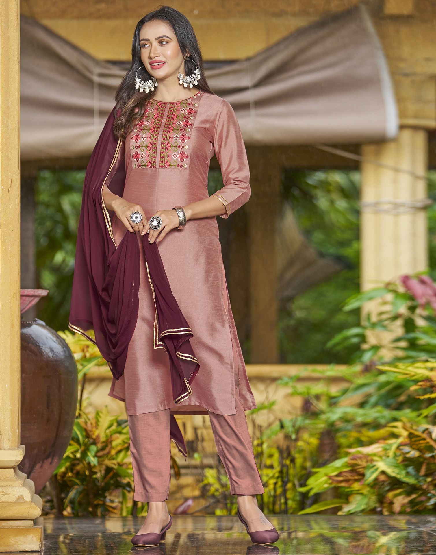 Dusty Pink Embroidery Silk Straight Kurta With Pant And Dupatta