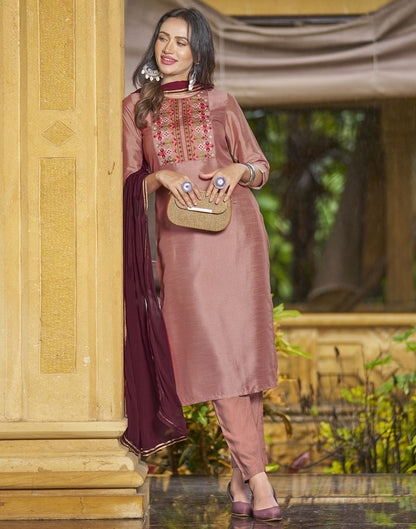 Dusty Pink Embroidery Silk Straight Kurta With Pant And Dupatta