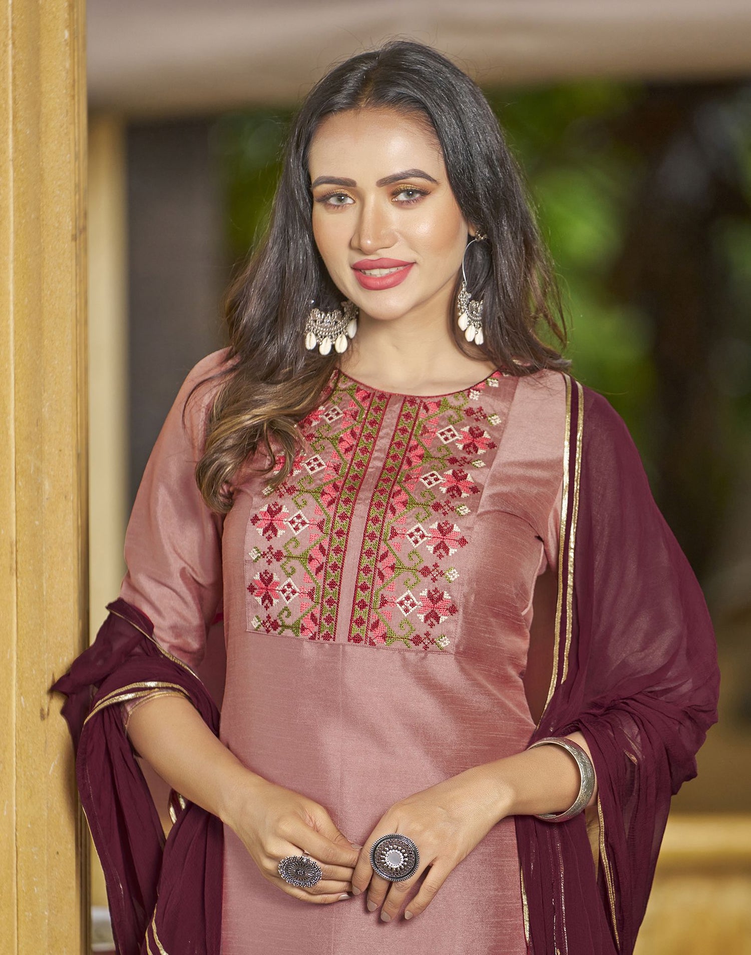 Dusty Pink Embroidery Silk Straight Kurta With Pant And Dupatta