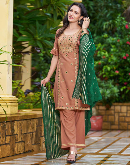 Light Brown Embroidery Rayon Straight Kurta With Pant And Dupatta