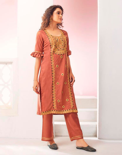 Light Brown Embroidery Rayon Straight Kurta With Pant And Dupatta