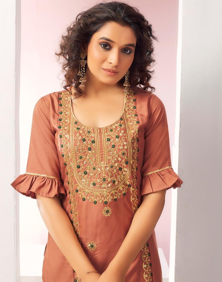 Light Brown Embroidery Rayon Straight Kurta With Pant And Dupatta