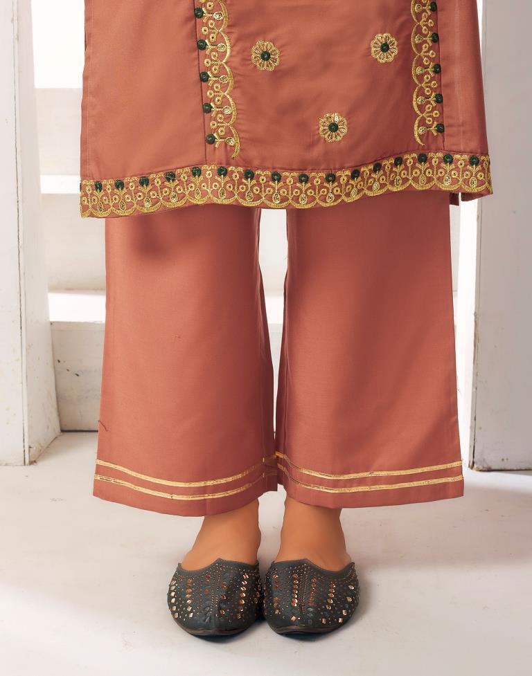 Light Brown Embroidery Rayon Straight Kurta With Pant And Dupatta