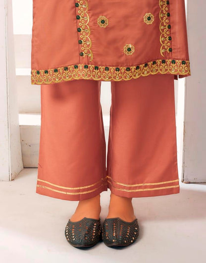 Light Brown Embroidery Rayon Straight Kurta With Pant And Dupatta