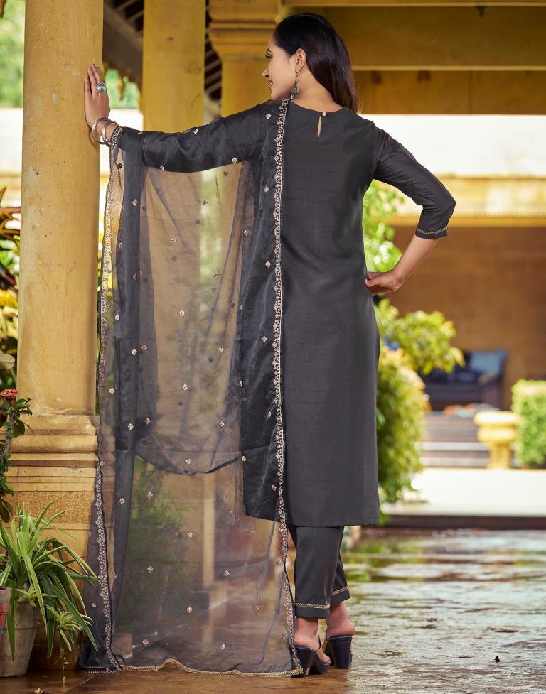 Grey Embroidery Silk Straight kurta With Pant And Dupatta