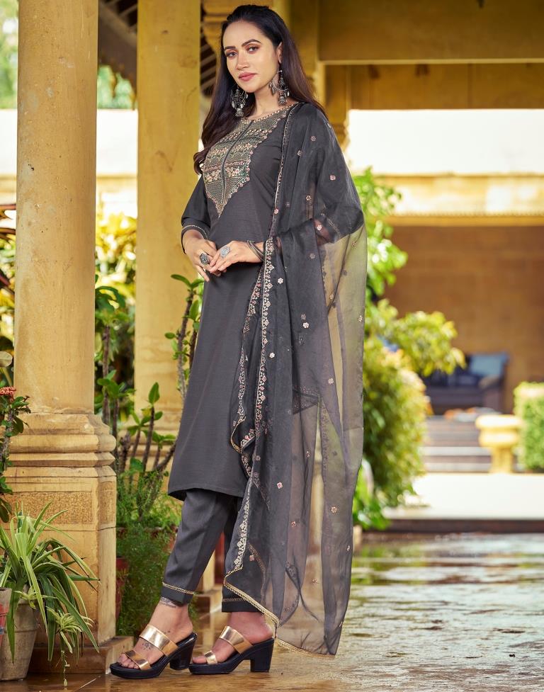 Grey Embroidery Silk Straight kurta With Pant And Dupatta