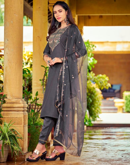 Grey Embroidery Silk Straight kurta With Pant And Dupatta