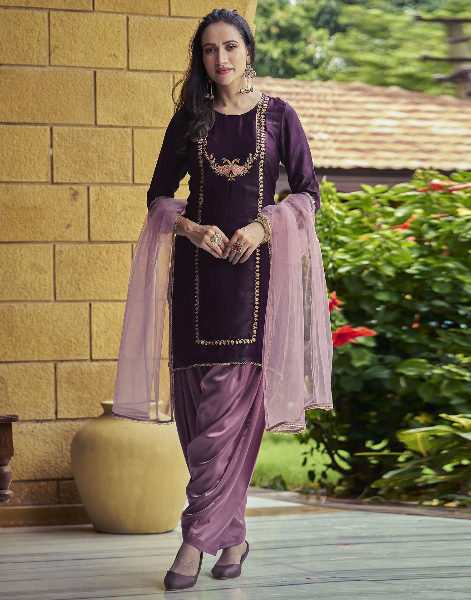 Wine Plain Velvet Straight Kurta With Pant And Dupatta