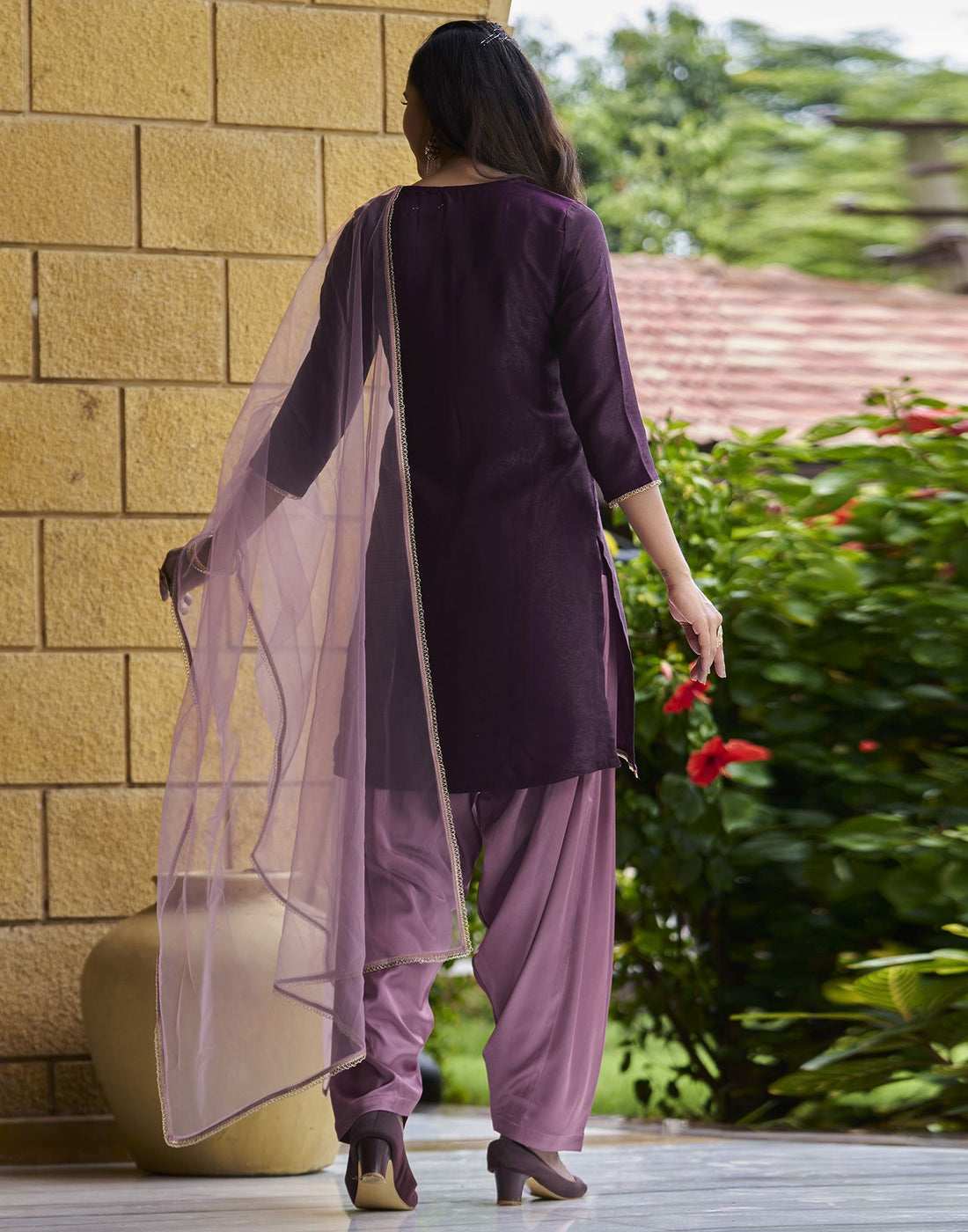 Wine Plain Velvet Straight Kurta With Pant And Dupatta