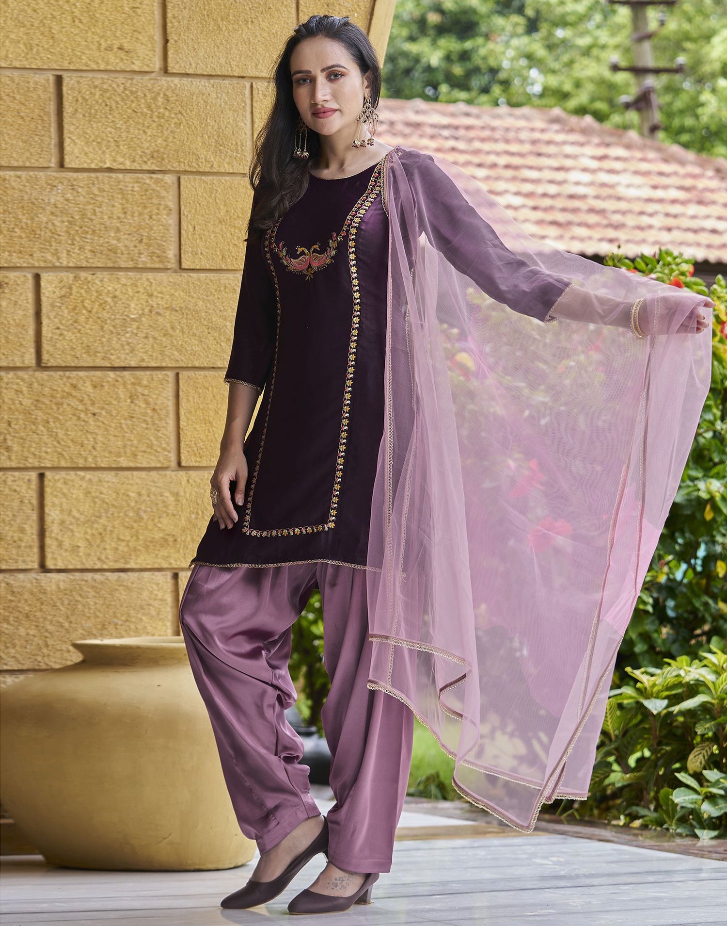 Wine Plain Velvet Straight Kurta With Pant And Dupatta