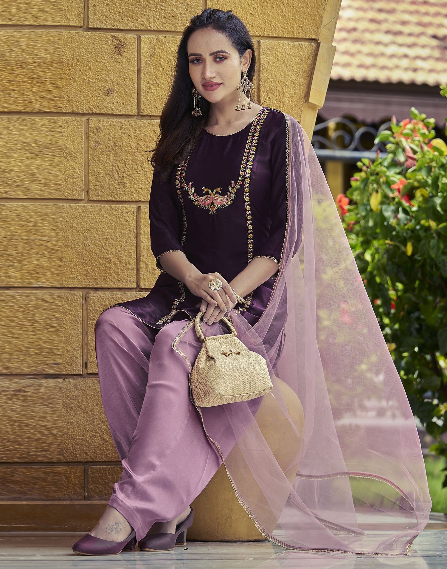 Wine Plain Velvet Straight Kurta With Pant And Dupatta