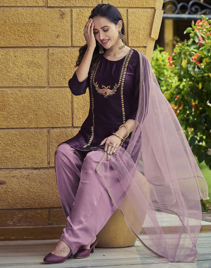 Wine Plain Velvet Straight Kurta With Pant And Dupatta