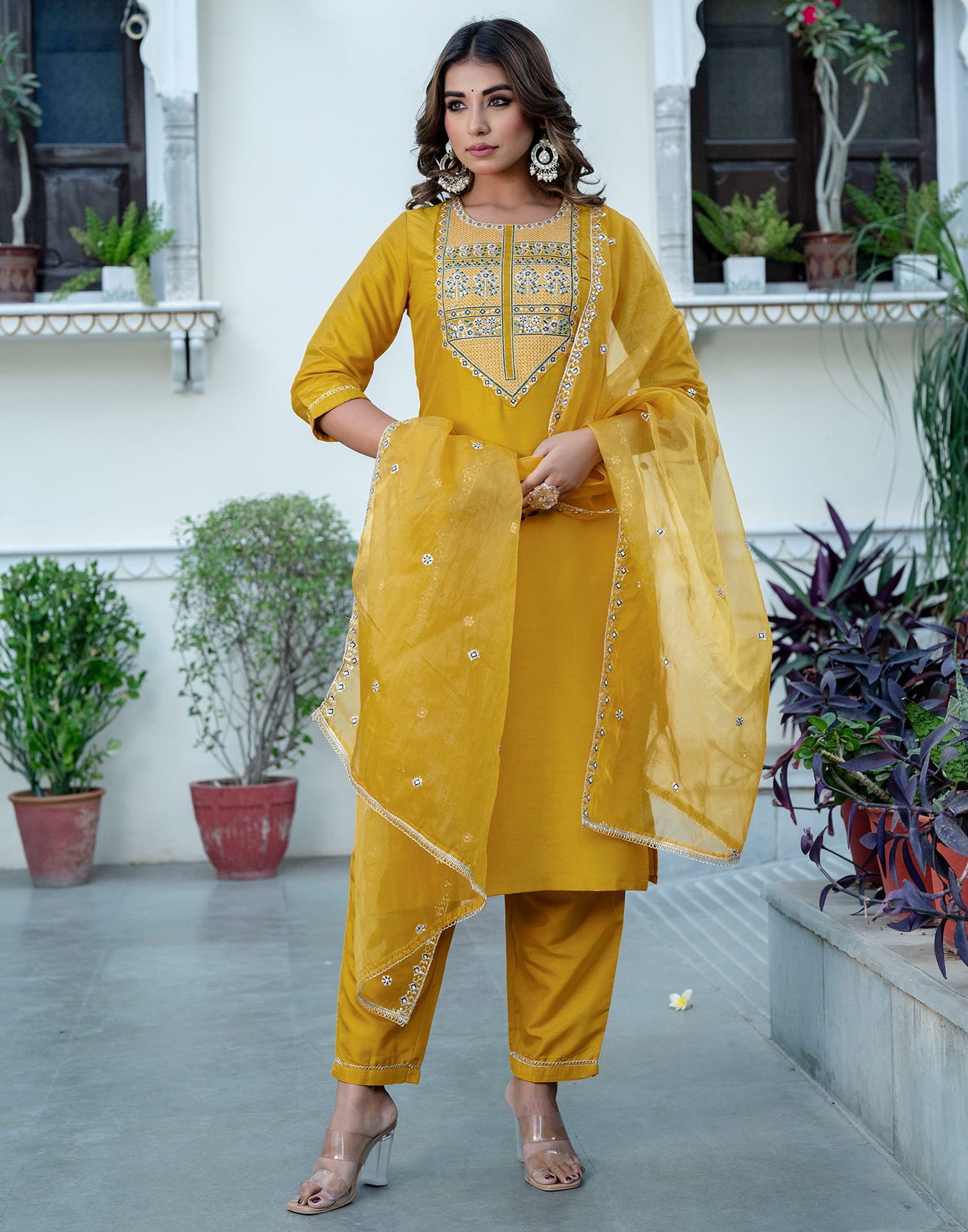 Turmeric Yellow Silk Sequence Straight Kurta Set With Dupatta