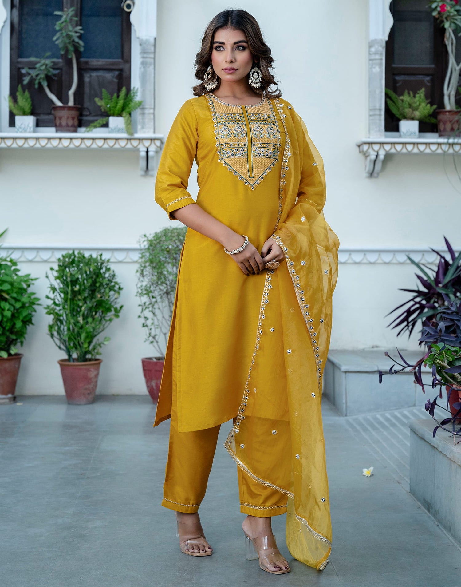 Turmeric Yellow Silk Sequence Straight Kurta Set With Dupatta