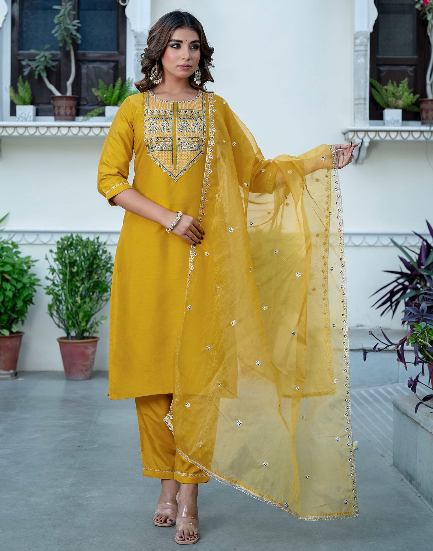 Turmeric Yellow Silk Sequence Straight Kurta Set With Dupatta