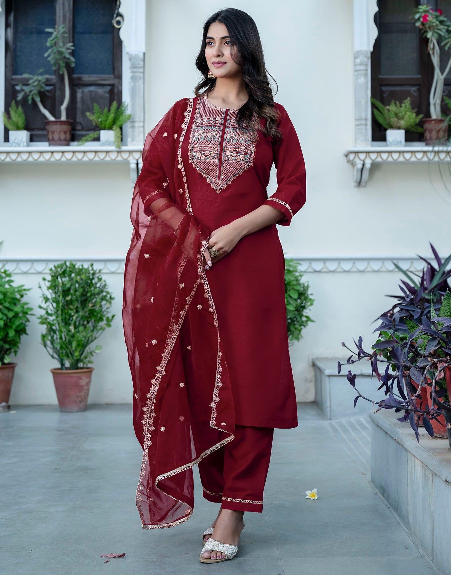 Maroon Silk Sequence Straight Kurta Set With Dupatta