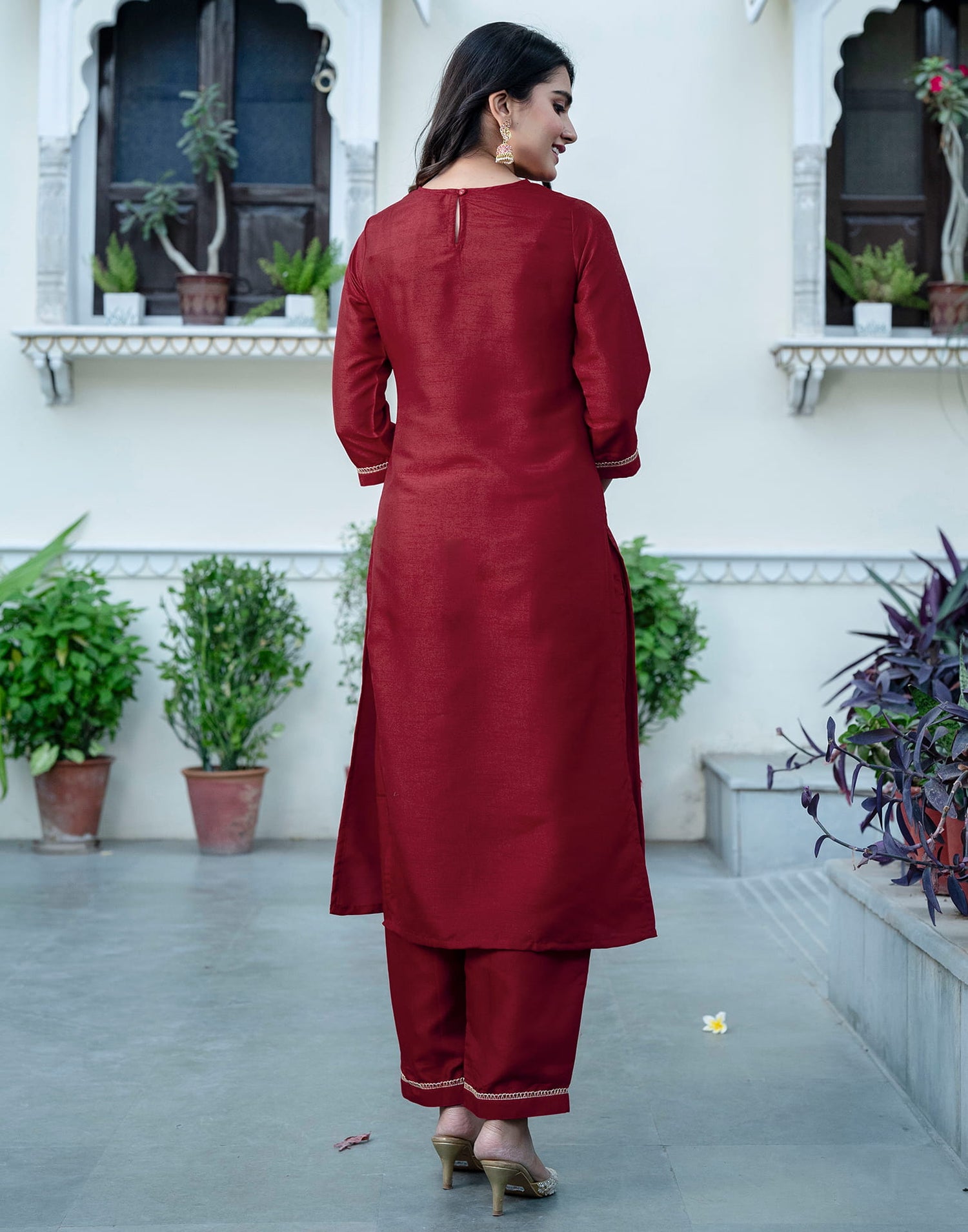 Maroon Silk Sequence Straight Kurta Set With Dupatta