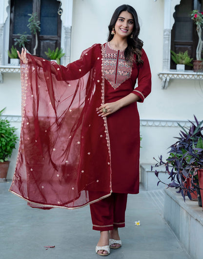 Maroon Silk Sequence Straight Kurta Set With Dupatta