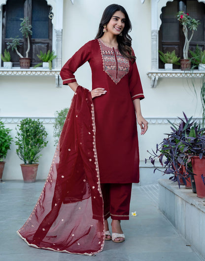 Maroon Silk Sequence Straight Kurta Set With Dupatta