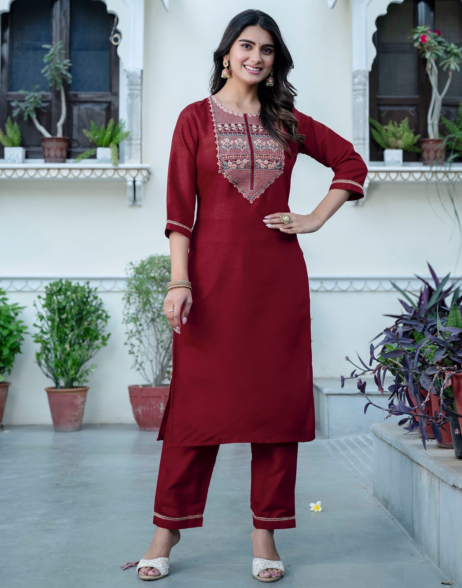 Maroon Silk Sequence Straight Kurta Set With Dupatta