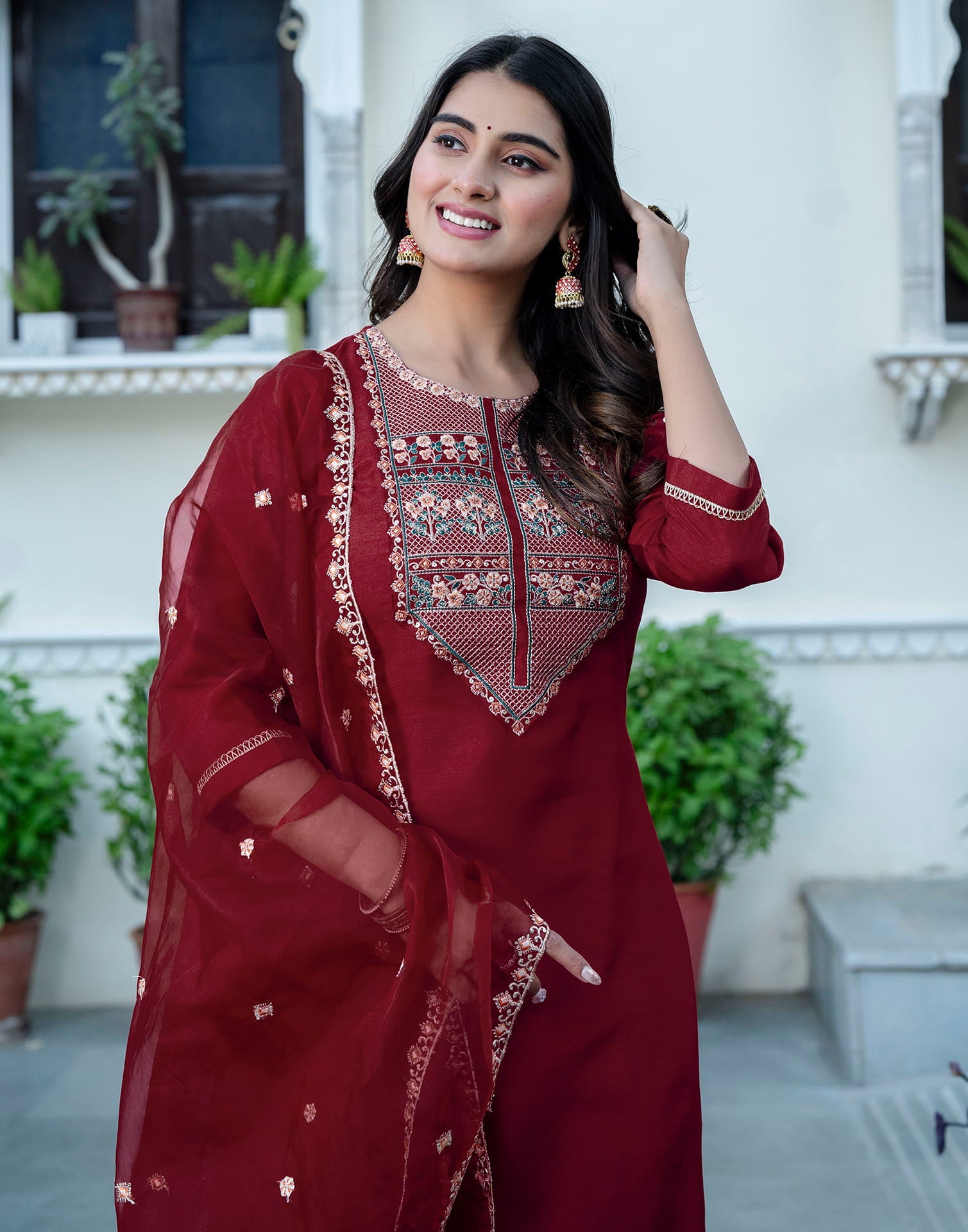 Maroon Silk Sequence Straight Kurta Set With Dupatta