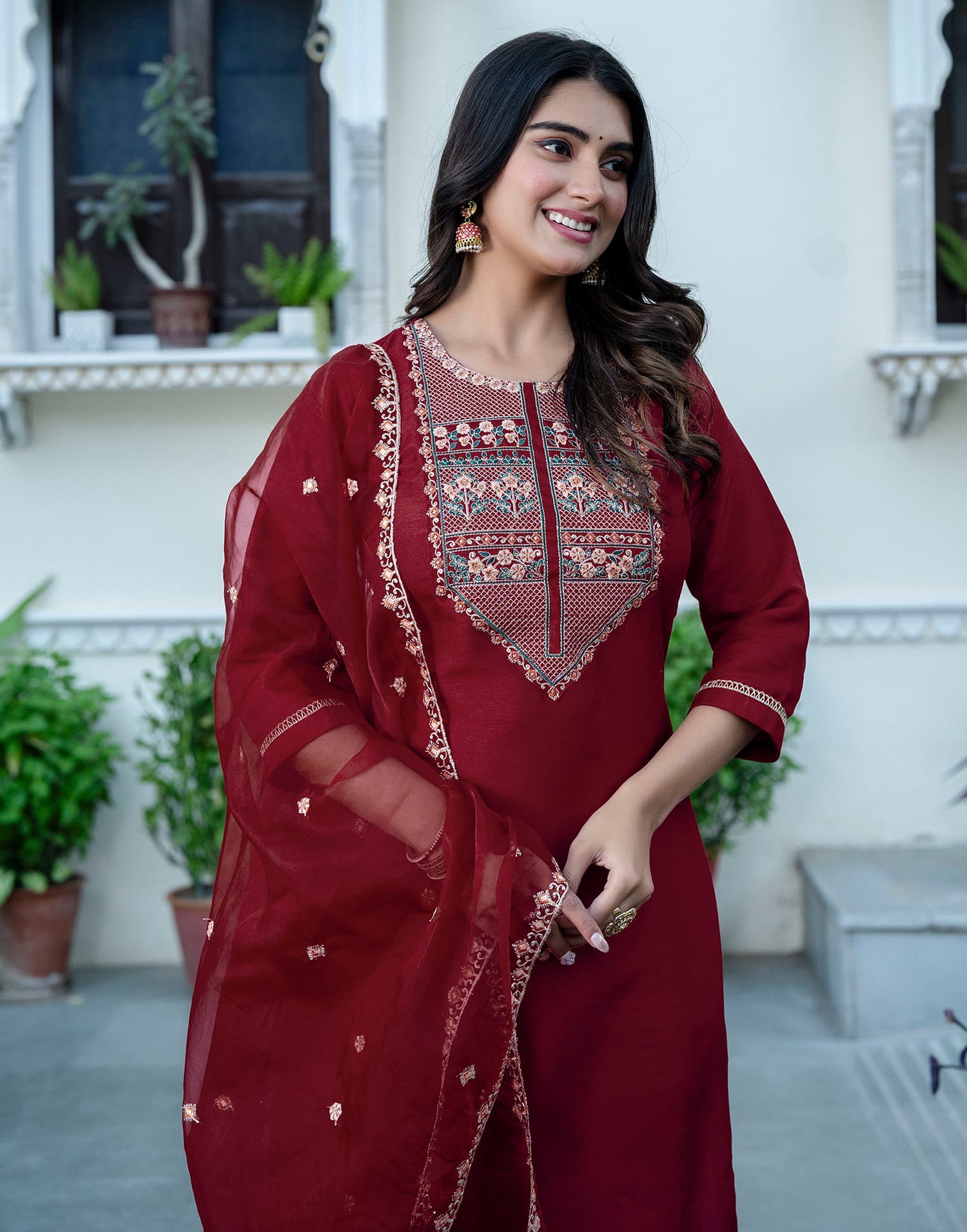 Maroon Silk Sequence Straight Kurta Set With Dupatta