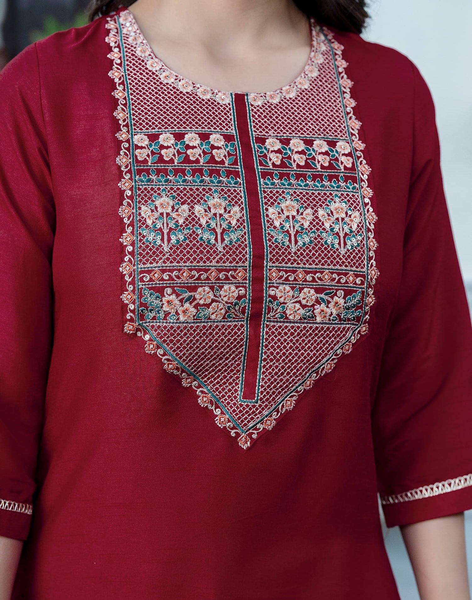 Maroon Silk Sequence Straight Kurta Set With Dupatta