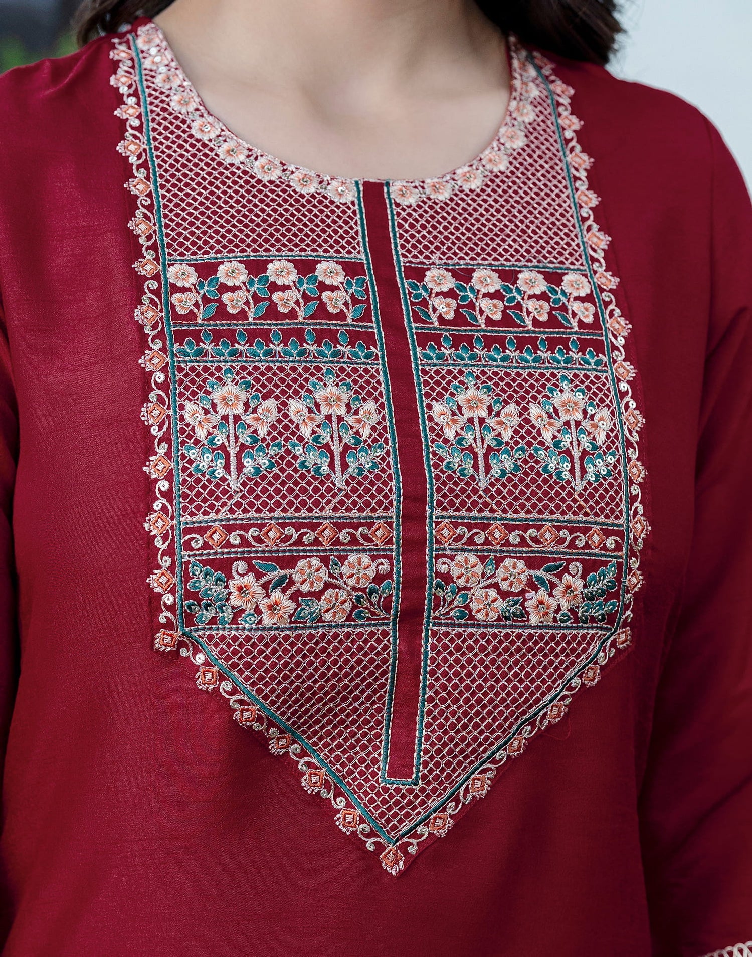 Maroon Silk Sequence Straight Kurta Set With Dupatta